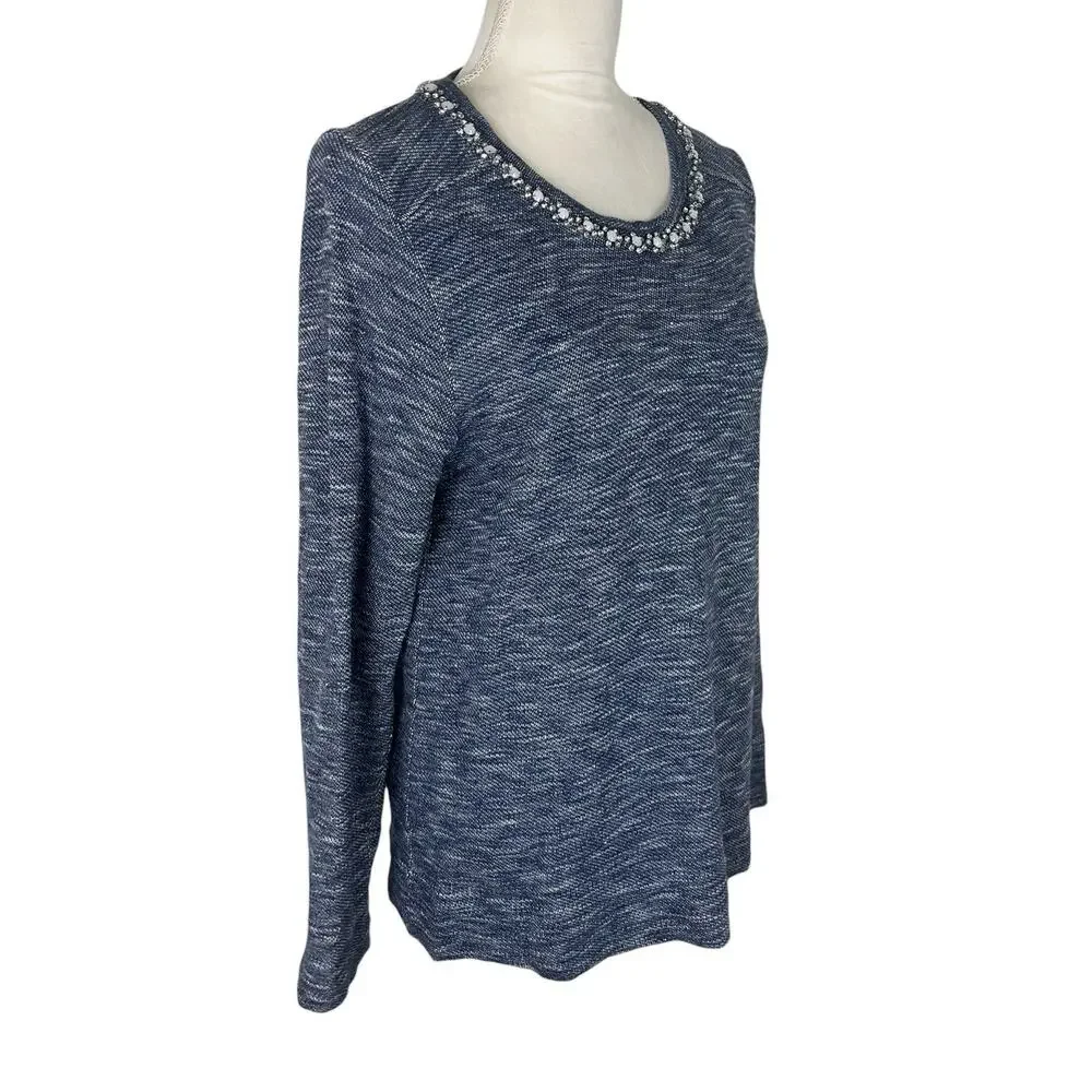 J. Crew Marled Blue Jeweled Rhinestone Neck Knit Pullover Sweater Size Large - Picture 3 of 8